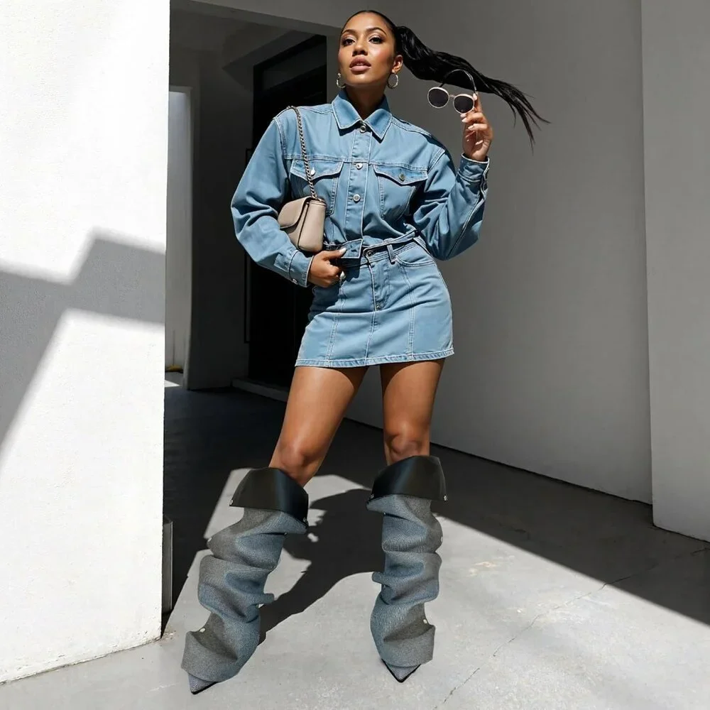 Women's Denim Blue Suede Detachable Snap-off Panel Fold Over Fall Shark Boots